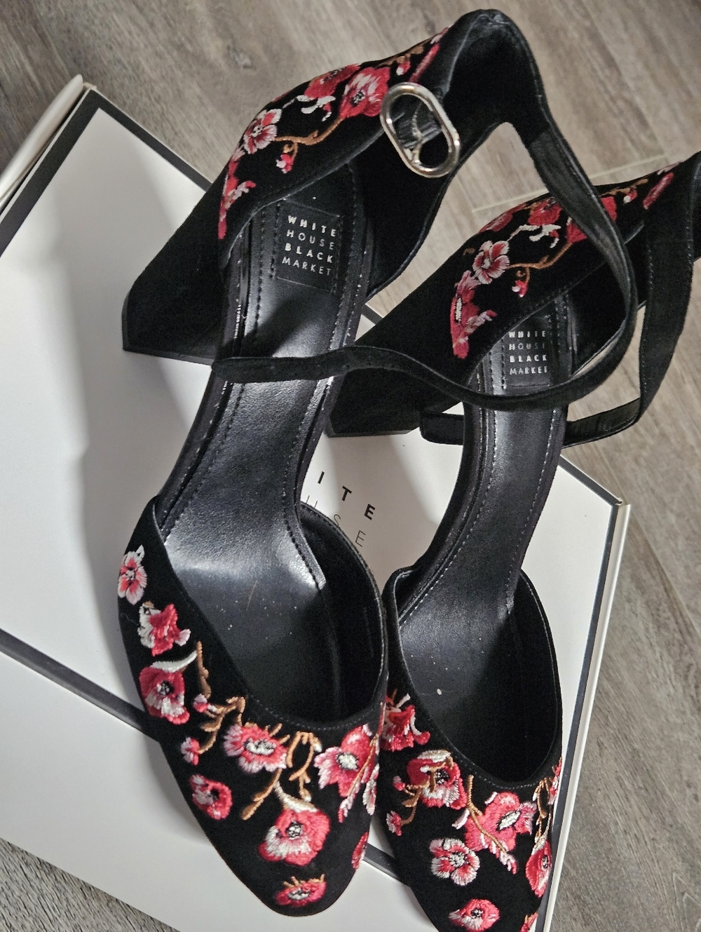 White House Black Market Black Velvet Floral Embroidered Ankle-Strap Heels